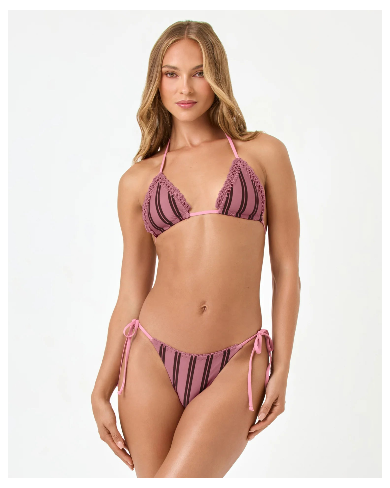 brown and pink stripe bikini top with lace trim