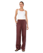 sporty pant in burgundy with cream stripe down the side