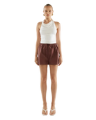 sporty burgundy shorts with a drawstring and a cream stripe on the side