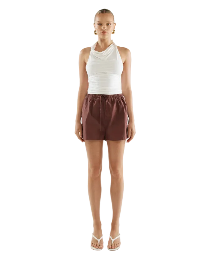 sporty burgundy shorts with a drawstring and a cream stripe on the side