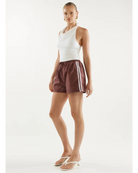 sporty burgundy shorts with a drawstring and a cream stripe on the side