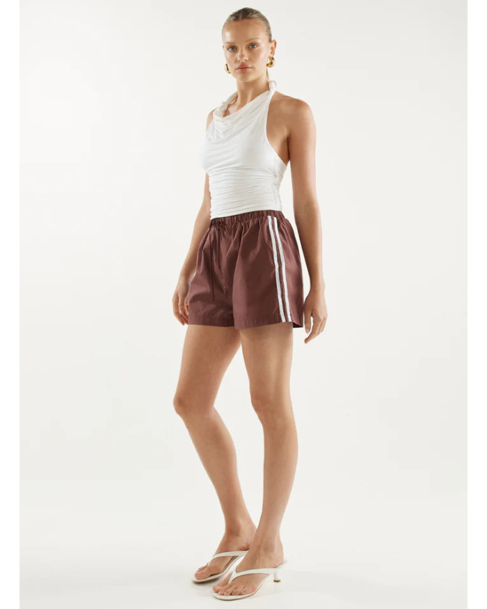 sporty burgundy shorts with a drawstring and a cream stripe on the side