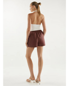sporty burgundy shorts with a drawstring and a cream stripe on the side
