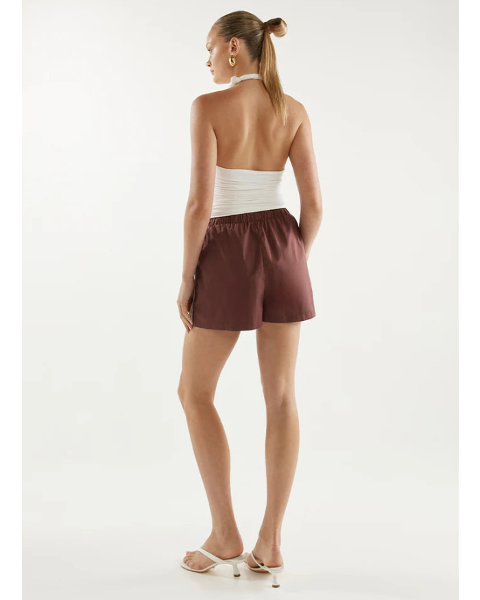 sporty burgundy shorts with a drawstring and a cream stripe on the side
