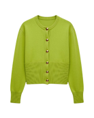 green button up cardigan with gold buttons