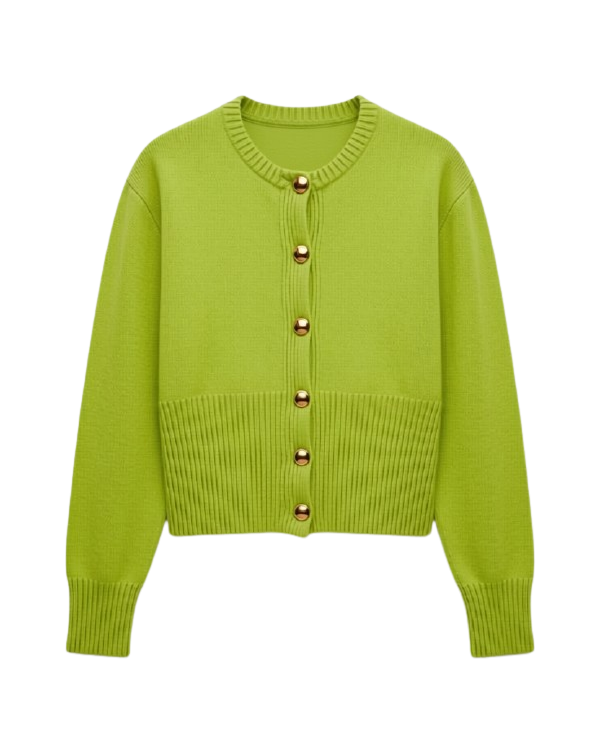 green button up cardigan with gold buttons