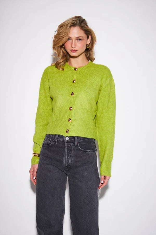 green button up cardigan with gold buttons