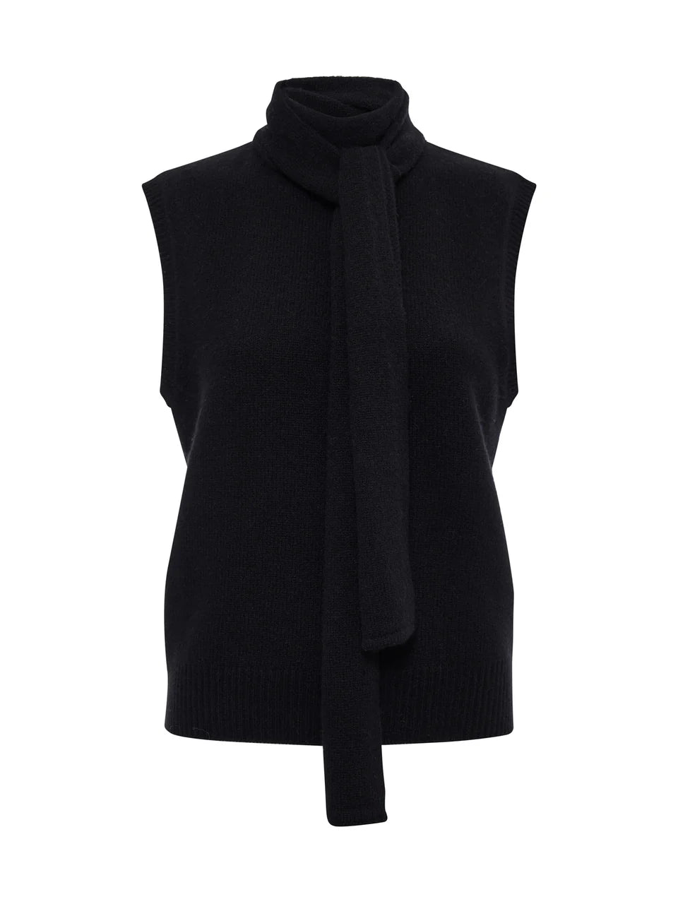 black turtleneck sleeveless shirt with a built in scarf
