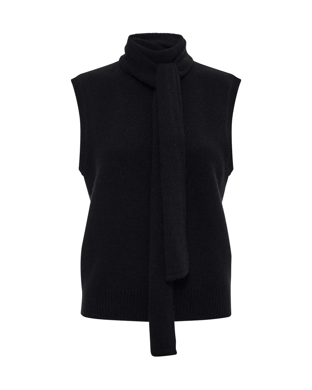 Woman wearing a black sleeveless sweater with scarf detail