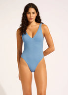 one piece swimsuit in blue with deep v-neck
