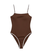 A brown ribbed one-piece swimsuit with thin white contrast trim and spaghetti straps by Seafolly