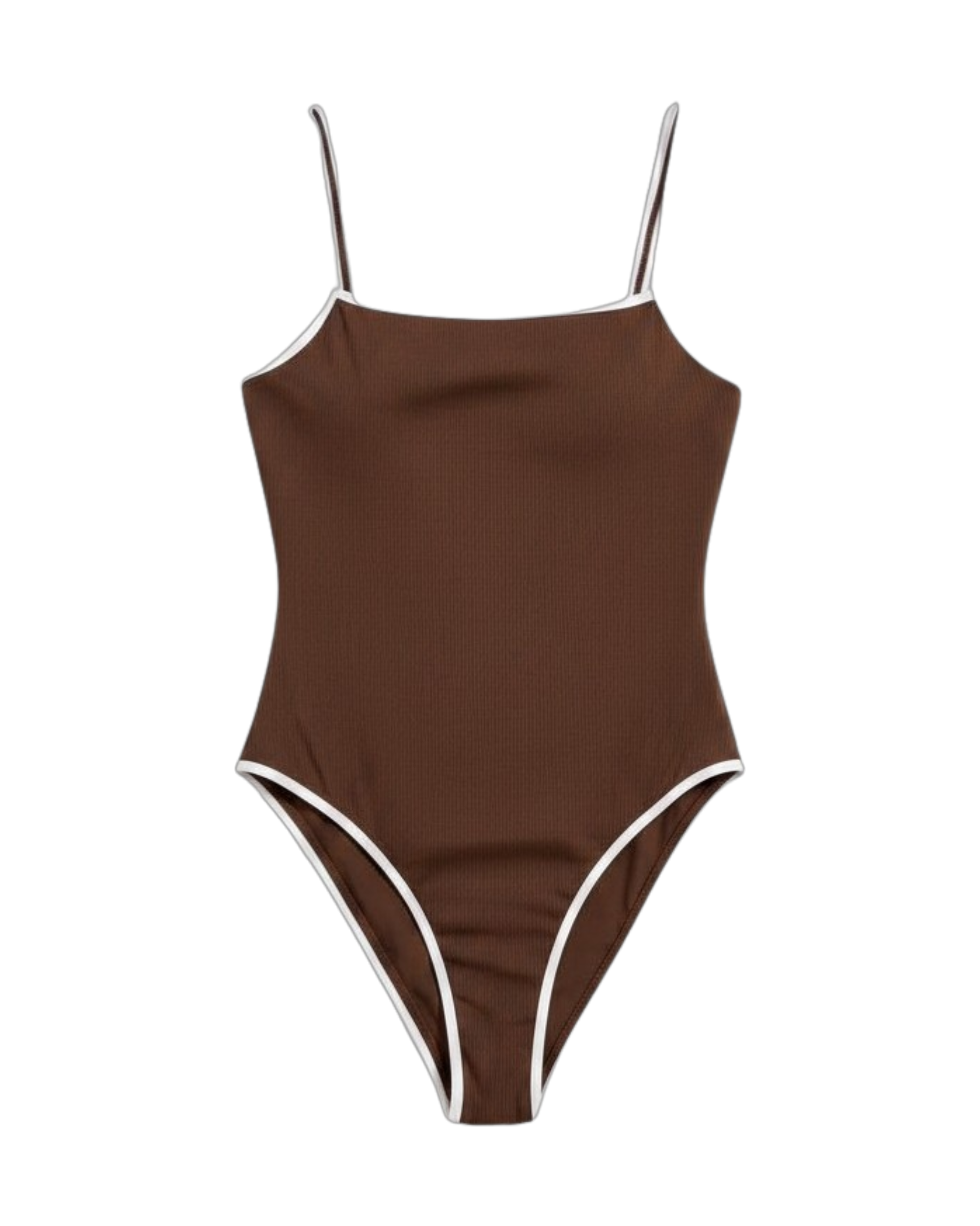 A brown ribbed one-piece swimsuit with thin white contrast trim and spaghetti straps by Seafolly