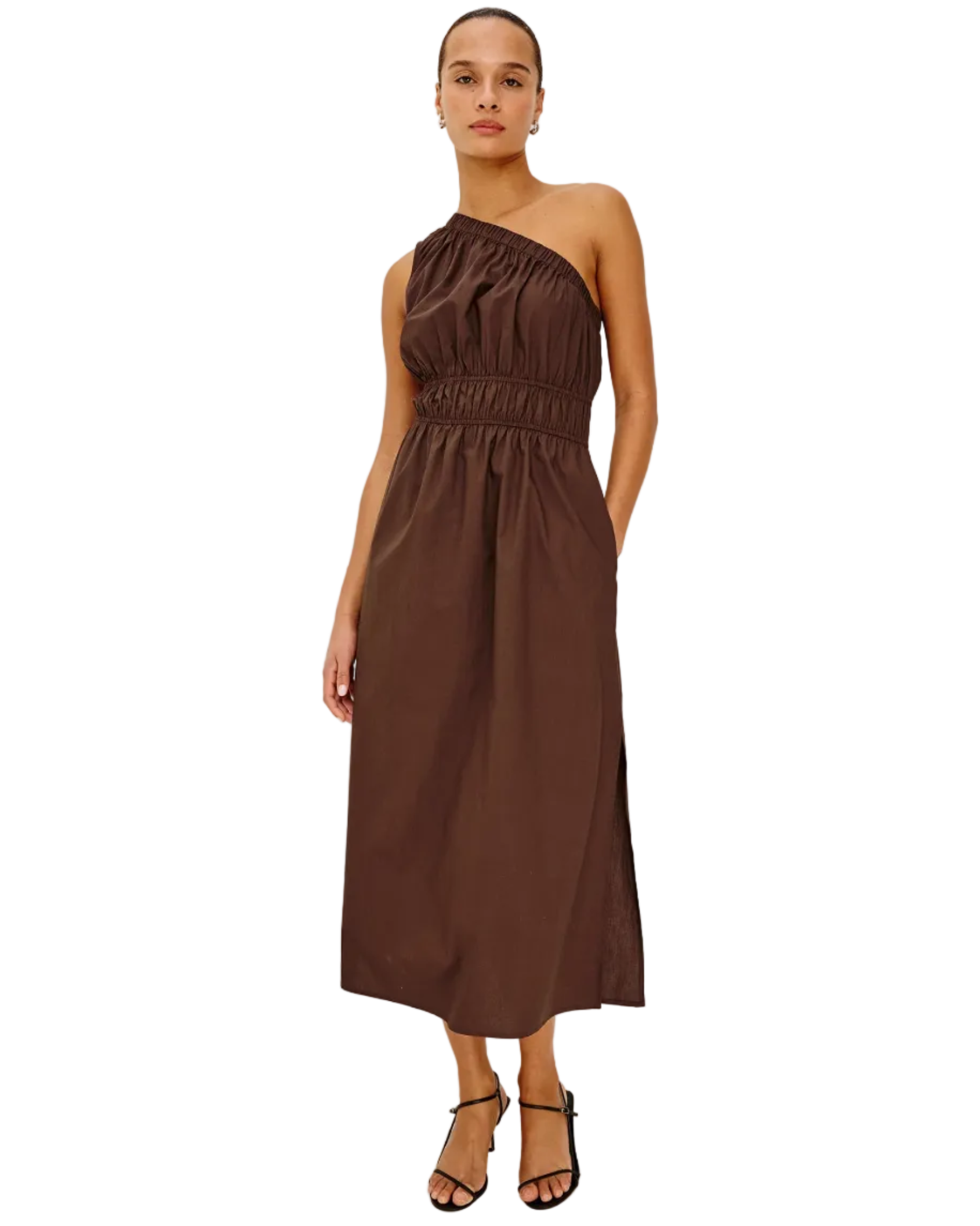 brown midi one shoulder dress