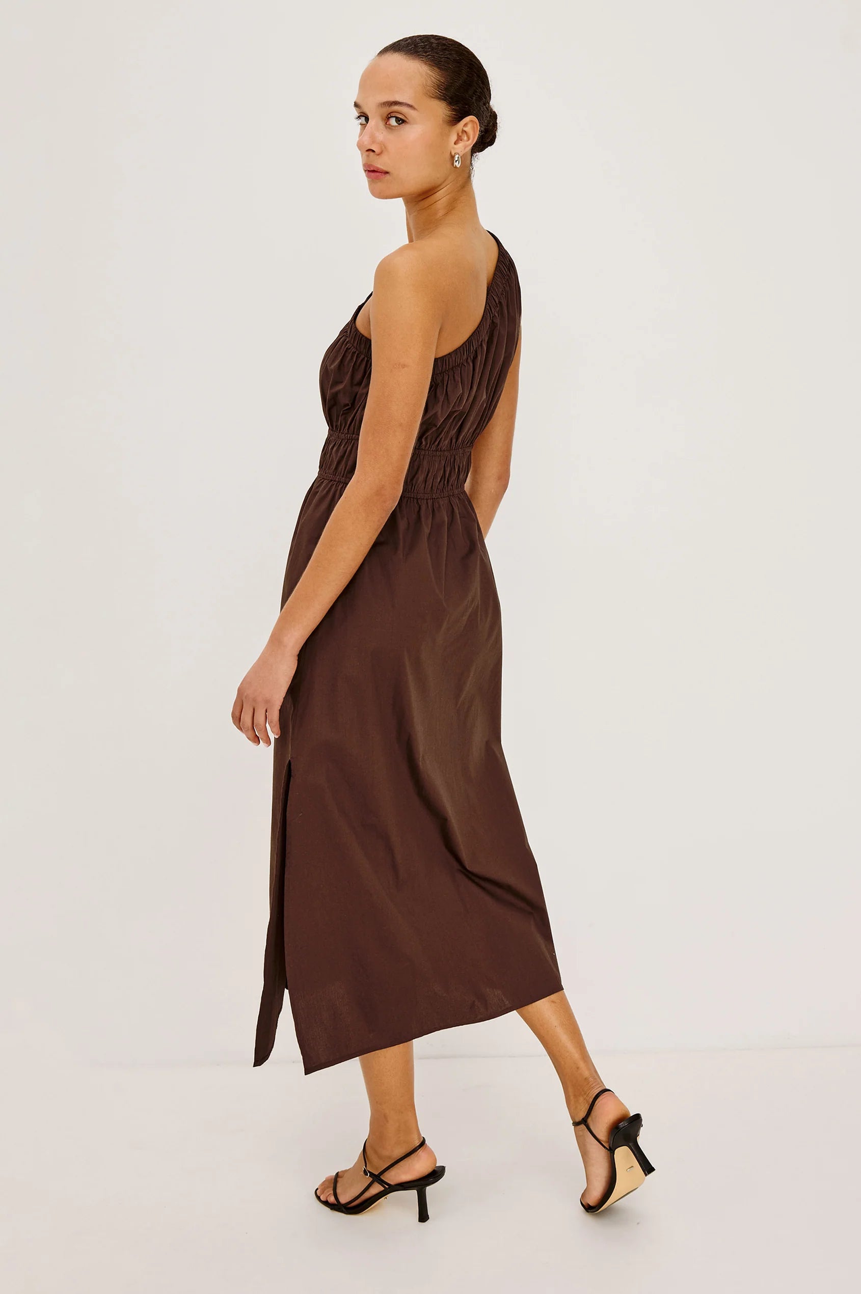 brown midi one shoulder dress
