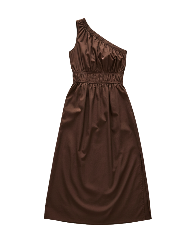 brown midi one shoulder dress