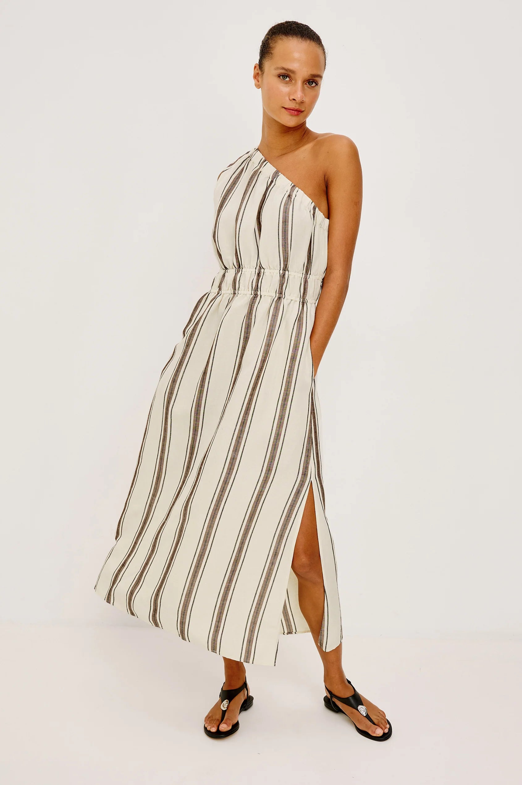 one shoulder midi dress in cream with brown stripes