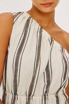 one shoulder midi dress in cream with brown stripes