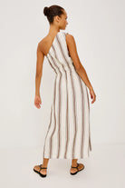 one shoulder midi dress in cream with brown stripes