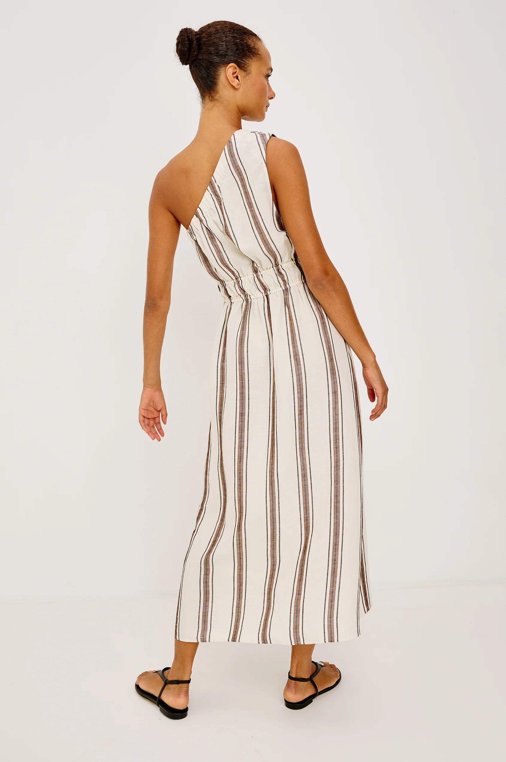 one shoulder midi dress in cream with brown stripes
