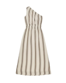 one shoulder midi dress in cream with brown stripes