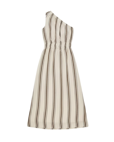 one shoulder midi dress in cream with brown stripes