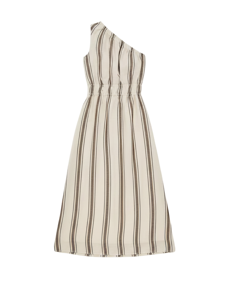 one shoulder midi dress in cream with brown stripes