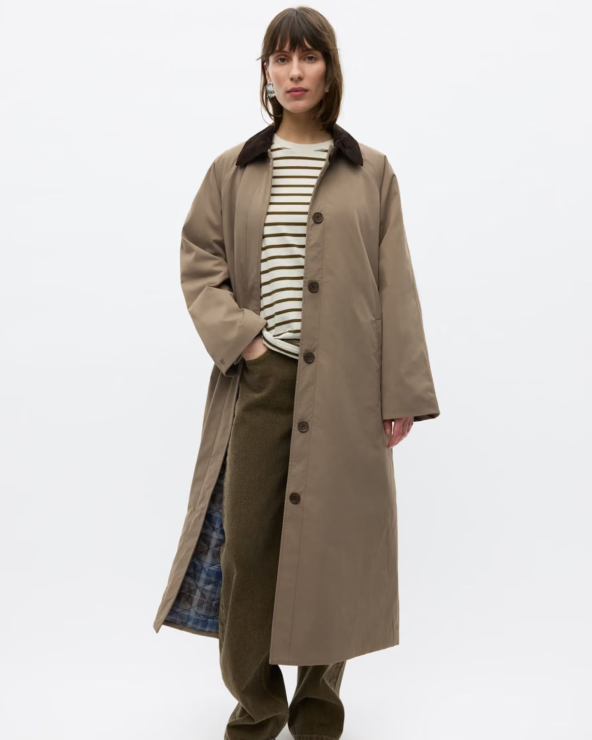 long light brown coat with darks brown collar