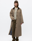 long light brown coat with darks brown collar