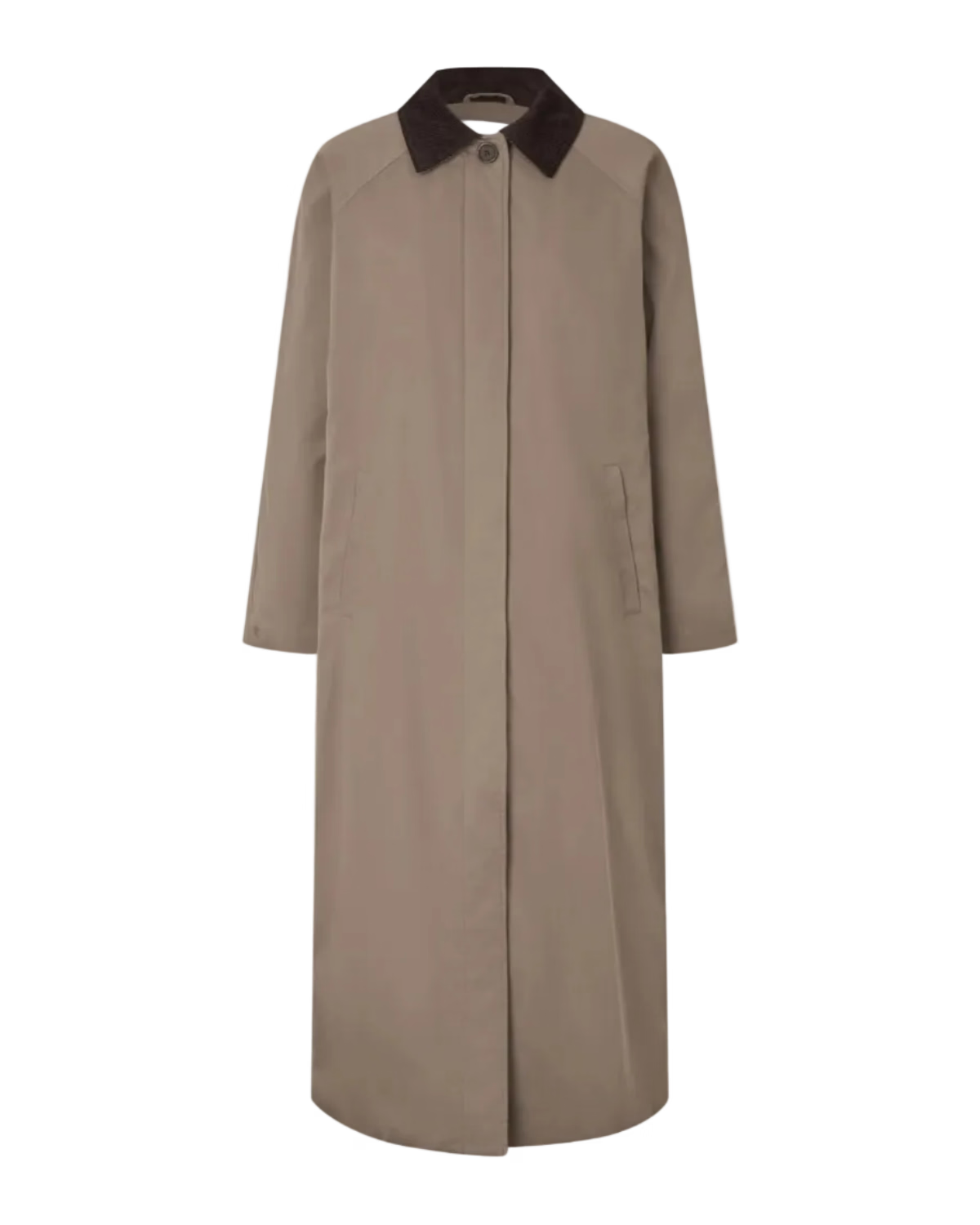 long light brown coat with darks brown collar