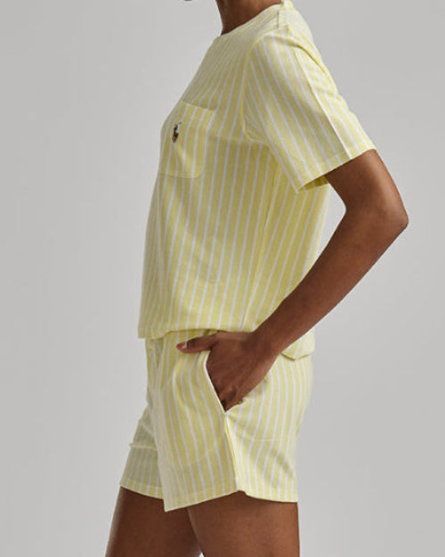 yellow stripe short sleeve and short lounge set