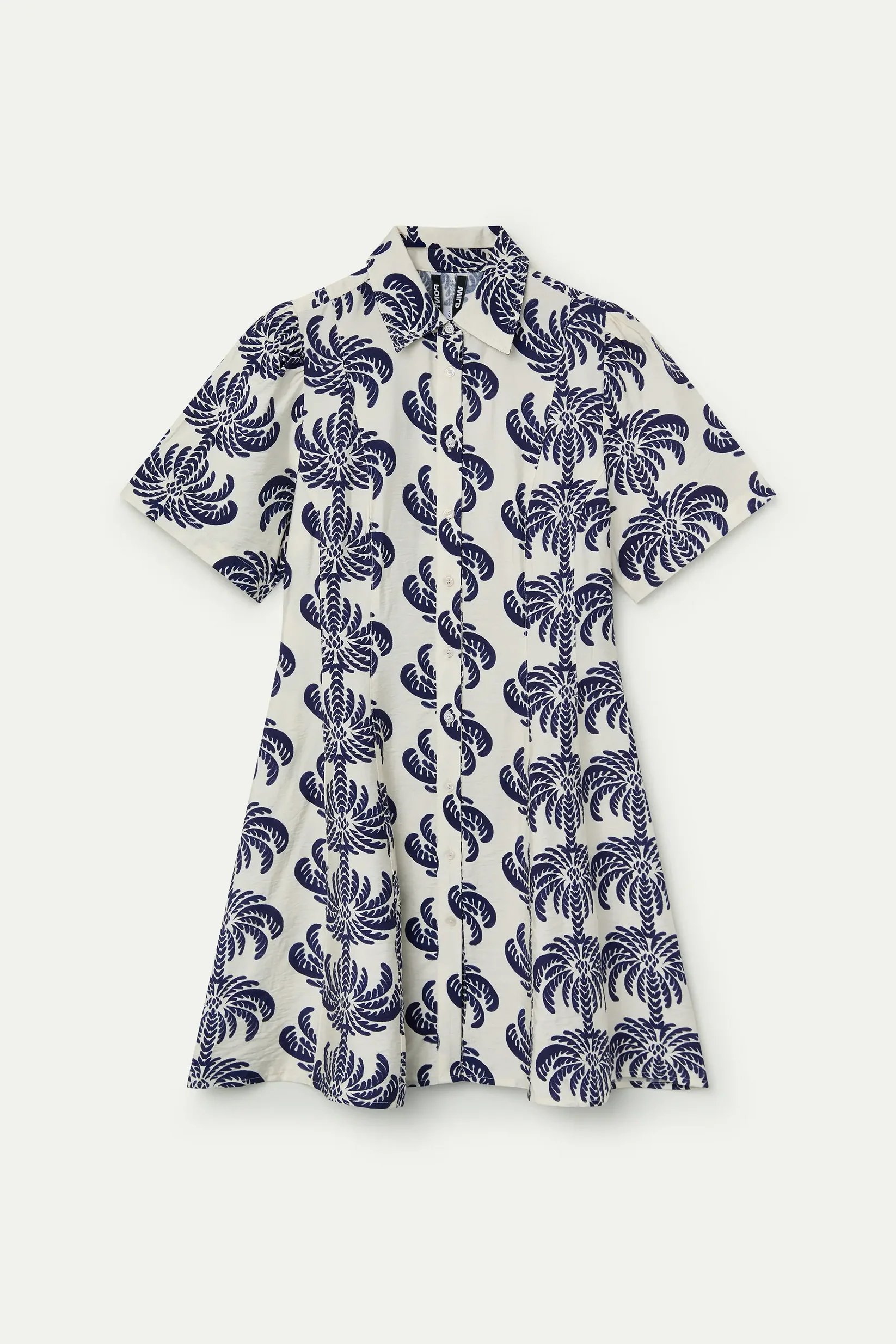 short sleeve dress in cream with blue palm trees