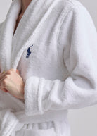 short white robe with polo bear on the back