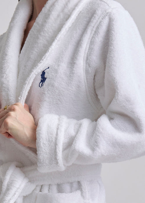 short white robe with polo bear on the back
