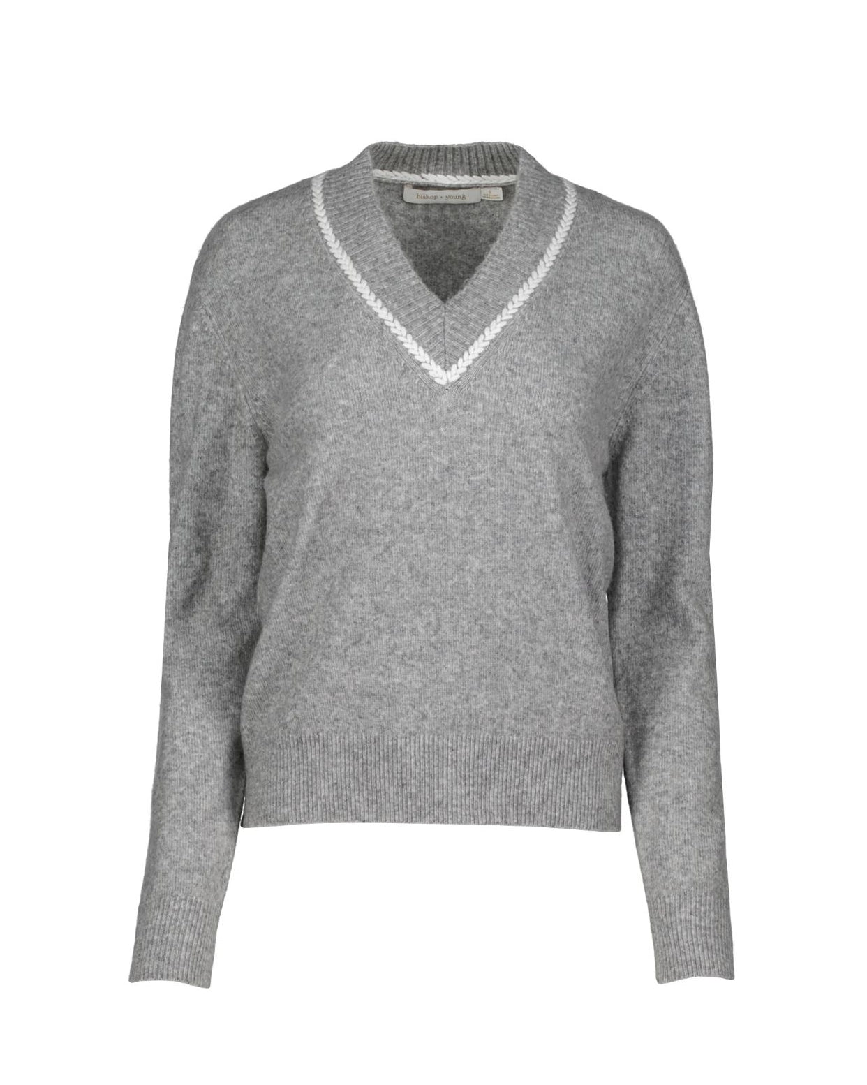 a v neck knit sweater in grey with white trim