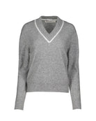 a v neck knit sweater in grey with white trim
