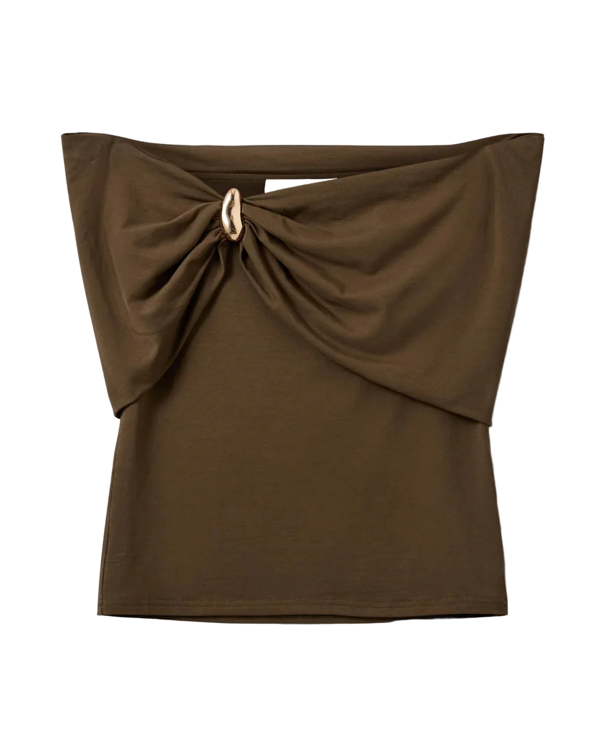 strapless off shoulder drop in brown with gold detail