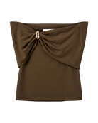 strapless off shoulder drop in brown with gold detail