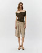 strapless off shoulder drop in brown with gold detail