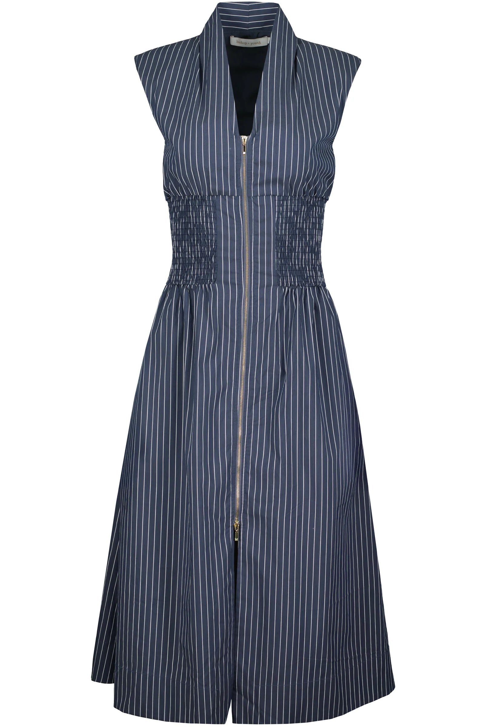 midi dress with a zipper in the front in blue and white stripes