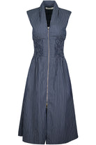 midi dress with a zipper in the front in blue and white stripes