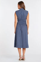 midi dress with a zipper in the front in blue and white stripes