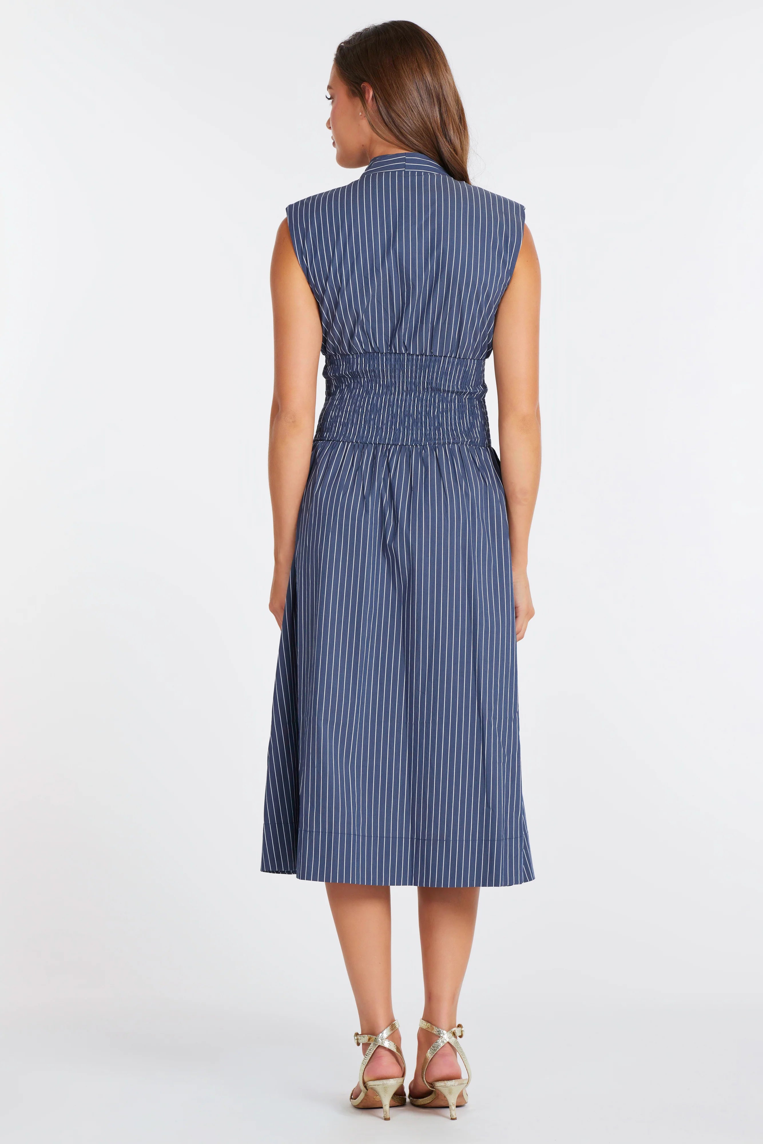 midi dress with a zipper in the front in blue and white stripes