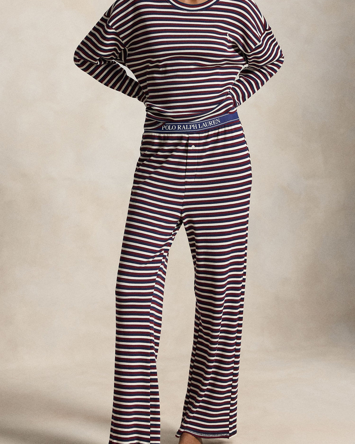 lounge pant and long sleeve shirt in navy, burgundy and white stripes