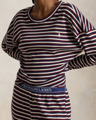 lounge pant and long sleeve shirt in navy, burgundy and white stripes
