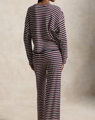 lounge pant and long sleeve shirt in navy, burgundy and white stripes