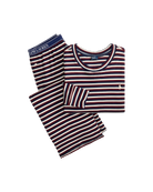 lounge pant and long sleeve shirt in navy, burgundy and white stripes