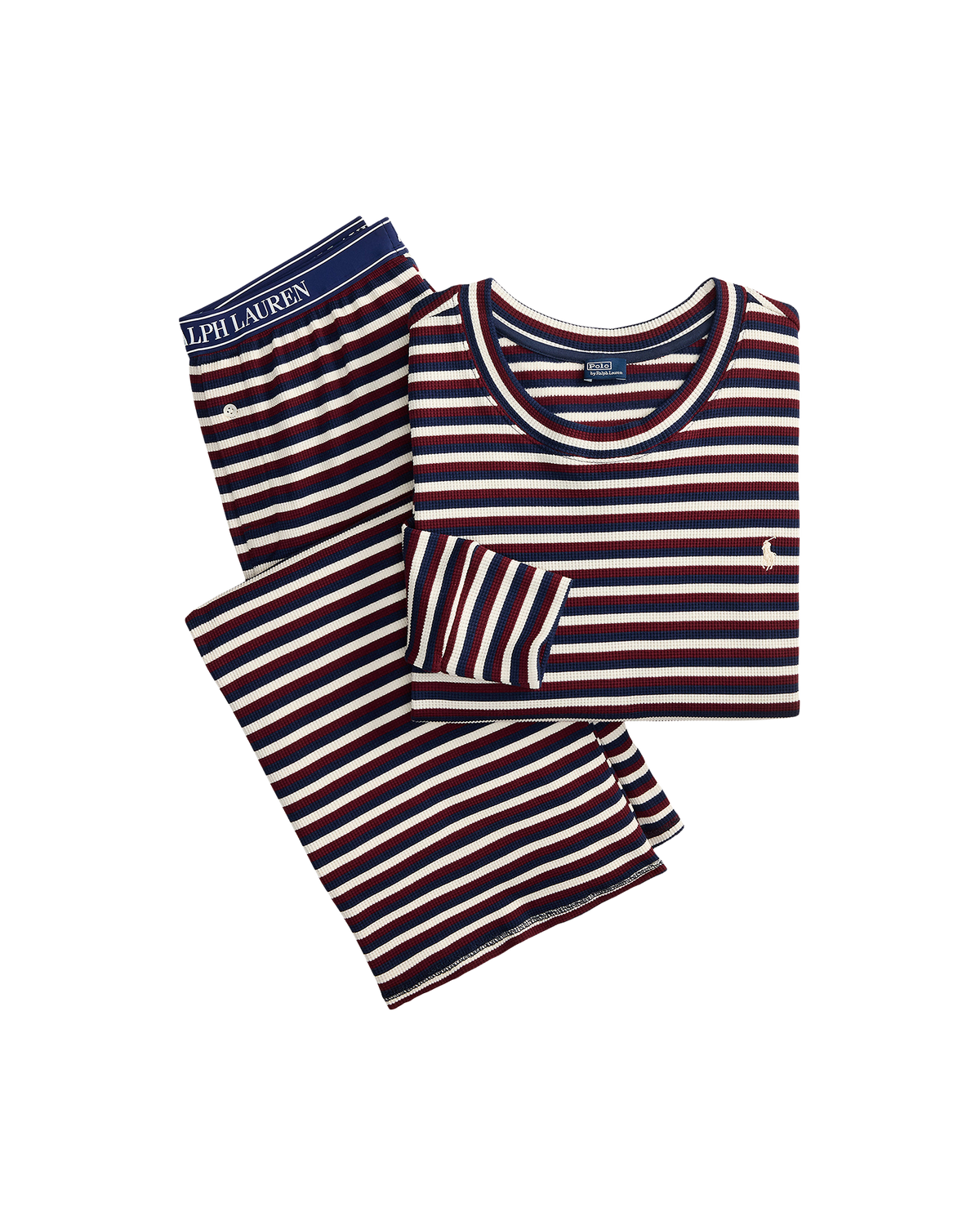 lounge pant and long sleeve shirt in navy, burgundy and white stripes
