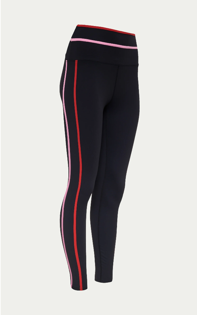 black leggings with a pink and red stripe down the side