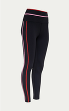 black leggings with a pink and red stripe down the side