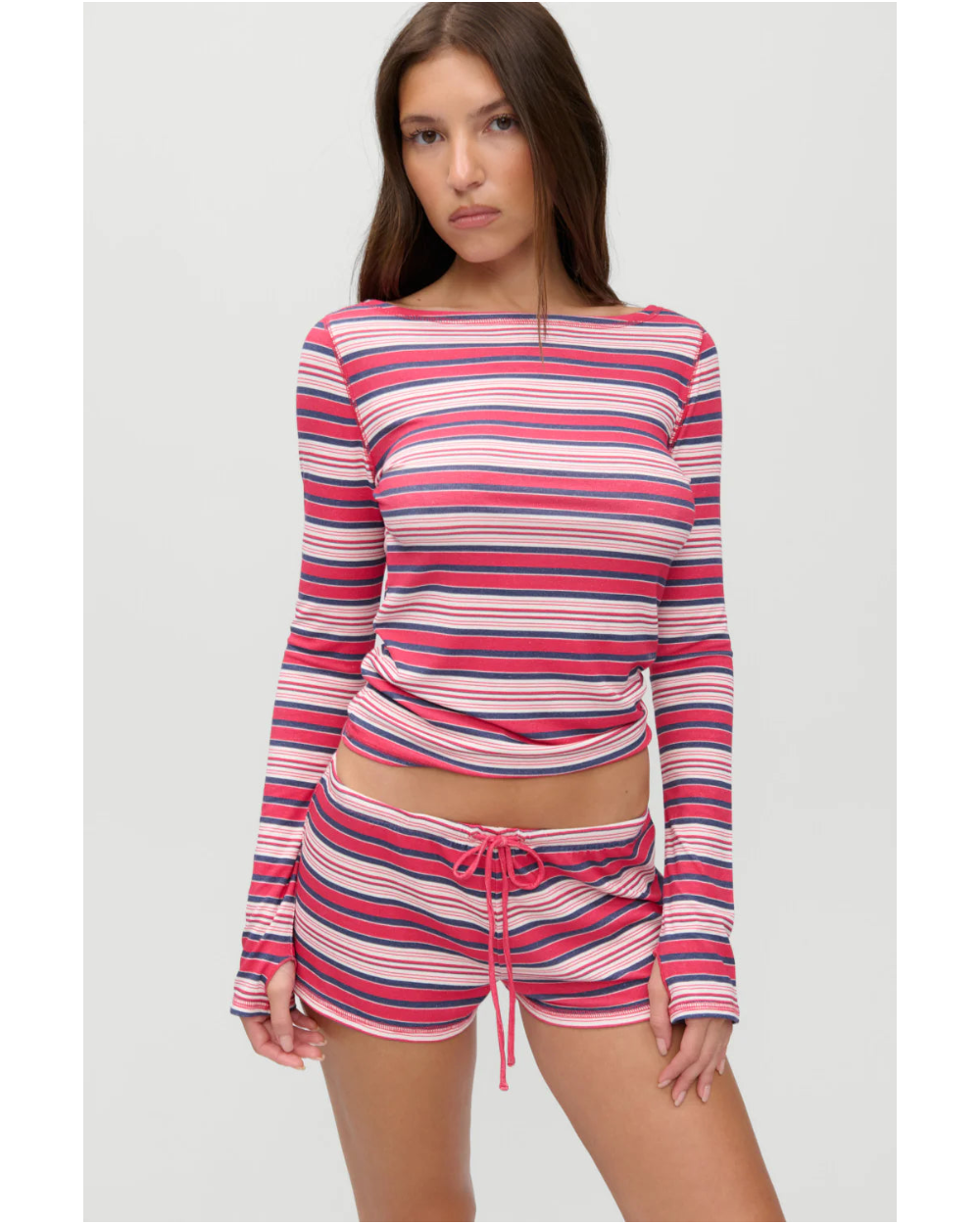 long sleeve boatneck strip shirt in red, cream and navy